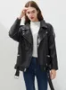 Jaqueta feminina de couro sintético pu, faixas soltas, casual, motociclista, tops femininos, estilo bf, casaco preto
