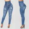 Plus Size Mulheres Elasticidade Cintura Alta Jeans Butt Lift 3 Botão Slim Fit Skinny Rasgado Buracos Calças Jeans S-3XL L230829