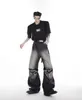 Jeans pour hommes unisexe style urbain rue niche rétro dégradé lavé noir trompette ceinture conception creuse pantalon taille haute décontracté