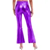 Pantalon femme Look mouillé brillant métallisé taille moyenne bas évasé couleur unie Flare pantalon à fond cloche Clubs de danse