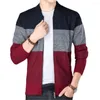 Camisolas masculinas Slim Fit Sweater Casaco Elegante Com Decote Em V Malha Cardigan Contraste Cor Listras Zipper Placket Para Outono Inverno