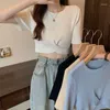 Pulls pour femmes Pull T-shirt Femmes Harajuku Fashion Girl Basic Coréen Manches courtes Street Solid Femme O Cou Tempérament Bleu Casual