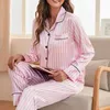 H Ensemble deux pièces pour femme - Pyjama en satin de soie à rayures roses - Ensemble short et short d'été - Pantalon décontracté à manches longues - Pyjama