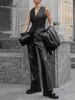 Frauen Zweiteilige Hosen Bclout Herbst Schwarz Leder Sets Frauen 2 Stück Mode Büro Dame V-ausschnitt Slim Pu Tops Elegante Party Gerade Anzüge