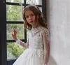 Flicka klänningar vit fluffig svans långärmad applikation paljett blommaklänning bröllop elegant liten barngemensefest