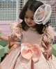 Robes de fille rose fleur filles robe pour mariage dentelle plume manches courtes bouffantes princesse à la main fête robe de bal anniversaire