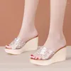 Sandalen 8 cm hoge hakken wig voor dames zomerplatform strass transparant open teen gouden schoenen