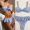 Maillot de bain sexy pour femmes, couleur unie, bord à volants, nœud élastique, fendu, t-back, vêtements de plage d'été, équipement de sports nautiques, ensemble de bikini pour vacances à la plage