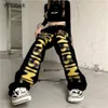 Jeans Words Print High Waist Women Black Jeans Korean Fashion Streetwear Wide Leg Jean Female Denim Pants Baggy Mom Denim Pants