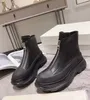 Super Qualidade Homens Mulheres Tread Slick Zip Bota Preto Branco Bezerro Couro Dedo Do Pé Redondo Texturizado Borracha Envoltório Tornozelo Botas Conforto Casal Caminhada de Inverno EU35-45