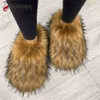 Pantoufles Luxe hiver femmes fourrure pantoufles fourrure raton laveur renard fourrure diapositives fausse fourrure chaude en peluche floue bascule moelleux incroyable chaussures femme nouveau T230828