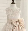 Flickaklänningar Flower Dress Champange Lace Tulle Stain Bow Belt ärmlöst bröllop Barnens första nattvards födelsedagsfest