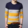 Herrtröjor 2023 Autumn Fashion Slim Fit Round Neck Wide Stripe Casual Knitwear For Middle and Young People Underlay