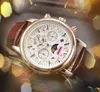 Sous-cadran travail automatique Date hommes chronomètre montres de luxe hommes en cuir véritable bande mouvement à Quartz horloge lune étoile cadran super lumineux populaire affaires décontracté montre