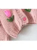 Suéteres de punto para mujer, moda urbana, cárdigan de punto para mujer, Otoño Invierno, decoración de tulipán hecha a mano, suéter con manga linterna, abrigo para mujer 230829