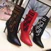 Fashion Boots Letter Knitted Mid Sleeve Short Spring and Autumn Fine High Heel Cowhide Boots Pointed Head Slim Leg Elastic