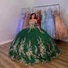 Green Shiny Spaghetti Strap Ball Gown Quinceanera Dresses Gold Lace Appliques Flowers Corset Back Formal Birthday Vestidos De 15 Anos