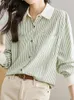 Kadınlar bluzlar Sonbahar Şerit İnce Kadın Gömleği Sıradan Gevşek Fransızca Şık Kadın Sokak Yeşil Şifon Uzun kollu üst kadın