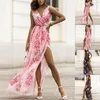 Lässige Kleider Mode Damen ärmellos V-Ausschnitt Böhmen Blumenmuster rückenfrei Schnürung Split Langes Maxikleid Sommerkleid Vestidos # G3