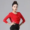 Stage Wear Autumn And Winter Elegant Modern Dance Top Women's Adult Sexy 3/4 Sleeve Mesh Latin Black Red