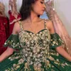 Green Shiny Spaghetti Strap Ball Gown Quinceanera Dresses Gold Lace Appliques Flowers Corset Back Formal Birthday Vestidos De 15 Anos