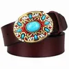 Belts Fashion Women's Genuine Leather Belt Mosaic Gem Turquoise Belts Metal Buckle Arabesque Pattern Retro Lady Jeans Waistband Gift 230829