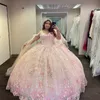 Mexican Vestido De 15 Anos Pink Charro Quinceanera Dresses with Cloak Lace Applqiued Flower Corset Sweet Abiti Da Cerimonia16 Dress