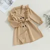 Kurtki Dziecięce Trench Płaszcze Eleganckie vintage Ruffled Long Rleeve Lapel podwójnie piersi khaki wiatraka z paskiem