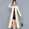 Veste en cuir pour femmes, pardessus automne-hiver Long en peau de mouton, coupe-vent coréen Slim avec ceinture, Double boutonnage, 2023