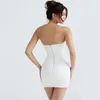 Casual Dresses Sexy Satin Wedding Guest Party Slim Mini White Bodycon Dress Chic Bow Diamonds Trim Strapless Women