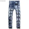 Punk Style Blue Patchwork Jeans Fashion Mid-Rise Slim Slacks Hip Hop Biker Pencil Pants HKD230829