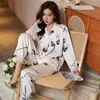 Damen-Nachtwäsche 2023 Herbst-Tintenrose-Eis-Seiden-Pyjama-Set, weich, atmungsaktiv, langärmelig, Loungewear, 2-teiliges Set für Damen-Outfits
