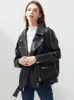 Jaqueta feminina de couro sintético pu, faixas soltas, casual, motociclista, tops femininos, estilo bf, casaco preto