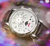 Brottspremie Mens Full Functional Watch Japan Quartz Movement Man Time Clock Watch Läderband Sapphire Glass Moon Star Skeleton Dial Watches Gifts