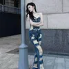 Kvinnors tvåbitar byxor American Retro Street Girl Denim Summer Perforated Jeans Loose Strapless Tank Top Two-Piece Set Female Clothes