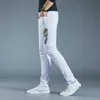 Light Luxury Mens Street Fashion White Jeans Slim-Fit High Quality Eagle Printing Denim Pants Trendy Casual Jeans; HKD230829