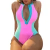 Kvinnors badkläder Kvinnor Swimsuit Front blixtlås Kontrast Färg O Neck One Piece Summer kvinnlig bikini för pool