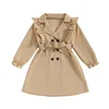 Kurtki Dziecięce Trench Płaszcze Eleganckie vintage Ruffled Long Rleeve Lapel podwójnie piersi khaki wiatraka z paskiem