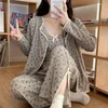 Vêtements de nuit pour femmes 3 pièces pyjamas ensemble femmes manches longues robe respirante vêtements de maison vêtements sexy haut pantalon décontracté filles homewear