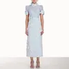 Work Dresses 2023 Autumn Embroidery Flower Lace Suits Women Stand Collar Button Long Shirt Skirt Lace-Up Puff Sleeve Party 2-Piece Set