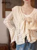 MISHOW Dames Wolmix Gebreid Vest 2023 Herfst Franse Losse Flare Mouw V-hals Ruffle Hollow Out Trui Top MXC41Z0196 HKD230829