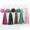 Keychains Lanyards Fashion Sier Round Pompom Pu Leather Tassel Keychain Bag Charms Key Ring Personalized Enamel Jewelry Valentines D Dhetg