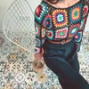 Women's Sweaters Original Handmade Retro Ethnic Rainbow Crochet Pullover Square Hook Flower Long Sleeve Sweater Hollow Out Contrast Color Tops 230829