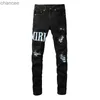 De bestseller van hoge kwaliteit merk heren zwarte streetwear slim fit jeans lederen letters geborduurde patches stretch jeans HKD230829