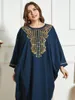 Abbigliamento etnico 2023 Primavera/Estate Donna Sciolto Oversize Blu Filo d'oro Pipistrello ricamato Abito a maniche lunghe Abito musulmano Medio Oriente