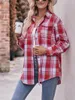 Casual jurken dames S geruite print V-hals button-down blouse met lange mouwen aan de voorkant - Stijlvolle zomer herfst losse top voor streetwear