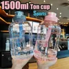 Waterflessen Korte Grote Capaciteit 1.5L Mode Ton Emmer Cup Draagbare Touw Sport Fitness Outdoor Fles Met Tijdmarkering