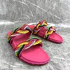 Sandálias Multi Cor Corda Trança Mulheres Chinelos Plataforma Baixa Rodada Toe Rosa Couro Patchwork Verão Slip On Sapatos Casuais