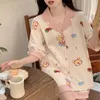 Kobietowa odzież snu Summer Kobiety Pajama ustawia koreańskie luźne pijama Mjer 2pcs Cartoon Bear Lapel Femme Femme Loungear