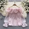 Women's Blouses Sweet Pink Slash Neck Chiffon Shirts Tops Spring Autumn Sexy Off Shoulder Flare Long Sleeve Loose Black White